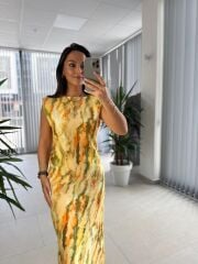 Bb 28866 Sarı Batik Omuz Vatkalı Elbise