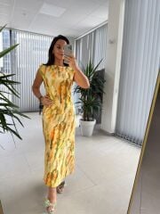 Bb 28866 Sarı Batik Omuz Vatkalı Elbise