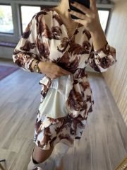 Krem kahve bel gipeli saten elbise