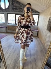 Krem kahve bel gipeli saten elbise