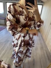 Krem kahve bel gipeli saten elbise