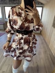 Krem kahve bel gipeli saten elbise