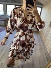 Krem kahve bel gipeli saten elbise