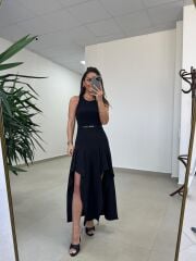 Ms 249 Kolsuz Parça Detaylı Siyah Krep Elbise