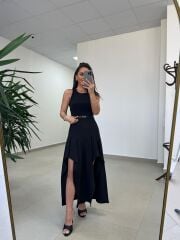 Ms 249 Kolsuz Parça Detaylı Siyah Krep Elbise