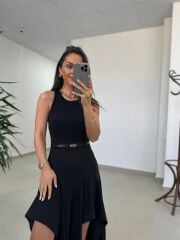 Ms 249 Kolsuz Parça Detaylı Siyah Krep Elbise