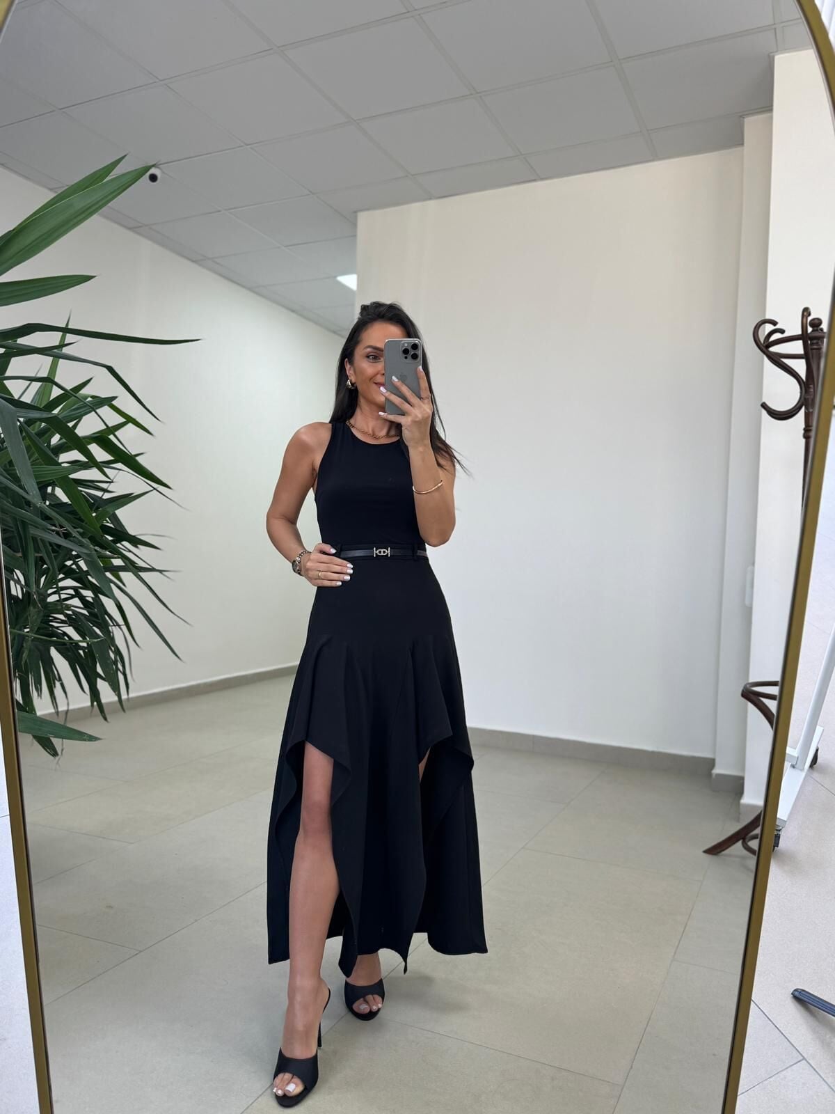 Ms 249 Kolsuz Parça Detaylı Siyah Krep Elbise