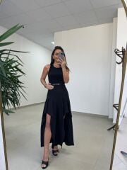 Ms 249 Kolsuz Parça Detaylı Siyah Krep Elbise