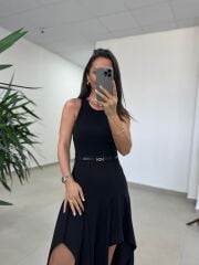 Ms 249 Kolsuz Parça Detaylı Siyah Krep Elbise