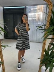 Dr 2599 Kısa Kol Siyah Çizgili Elbise