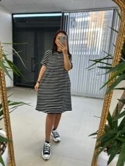 Dr 2599 Kısa Kol Siyah Çizgili Elbise
