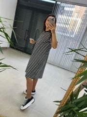 Dr 2599 Kısa Kol Siyah Çizgili Elbise