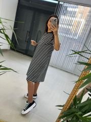 Dr 2599 Kısa Kol Siyah Çizgili Elbise