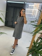 Dr 2599 Kısa Kol Siyah Çizgili Elbise