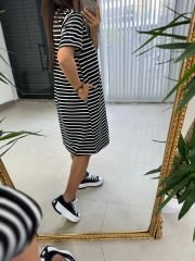 Dr 2599 Kısa Kol Siyah Çizgili Elbise