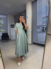 Dr 8297 Kısakol Penye Su Yeşili Elbise