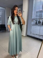 Dr 8297 Kısakol Penye Su Yeşili Elbise