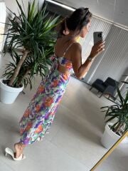 My 3787 Mor-Turuncu Çiçekli Pamuk Saten Elbise