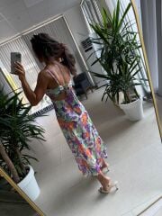 My 3787 Mor-Turuncu Çiçekli Pamuk Saten Elbise