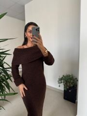 Dv 90259 Kahve Madonna Yaka Uzun Triko Elbise