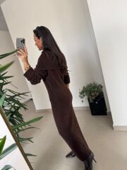Dv 90259 Kahve Madonna Yaka Uzun Triko Elbise