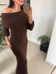 Dv 90259 Kahve Madonna Yaka Uzun Triko Elbise