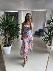 My 3787 Mor-Turuncu Çiçekli Pamuk Saten Elbise