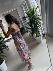 My 3787 Mor-Turuncu Çiçekli Pamuk Saten Elbise