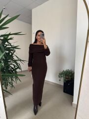 Dv 90259 Kahve Madonna Yaka Uzun Triko Elbise