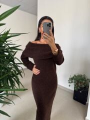 Dv 90259 Kahve Madonna Yaka Uzun Triko Elbise