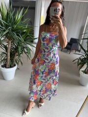 My 3787 Mor-Turuncu Çiçekli Pamuk Saten Elbise