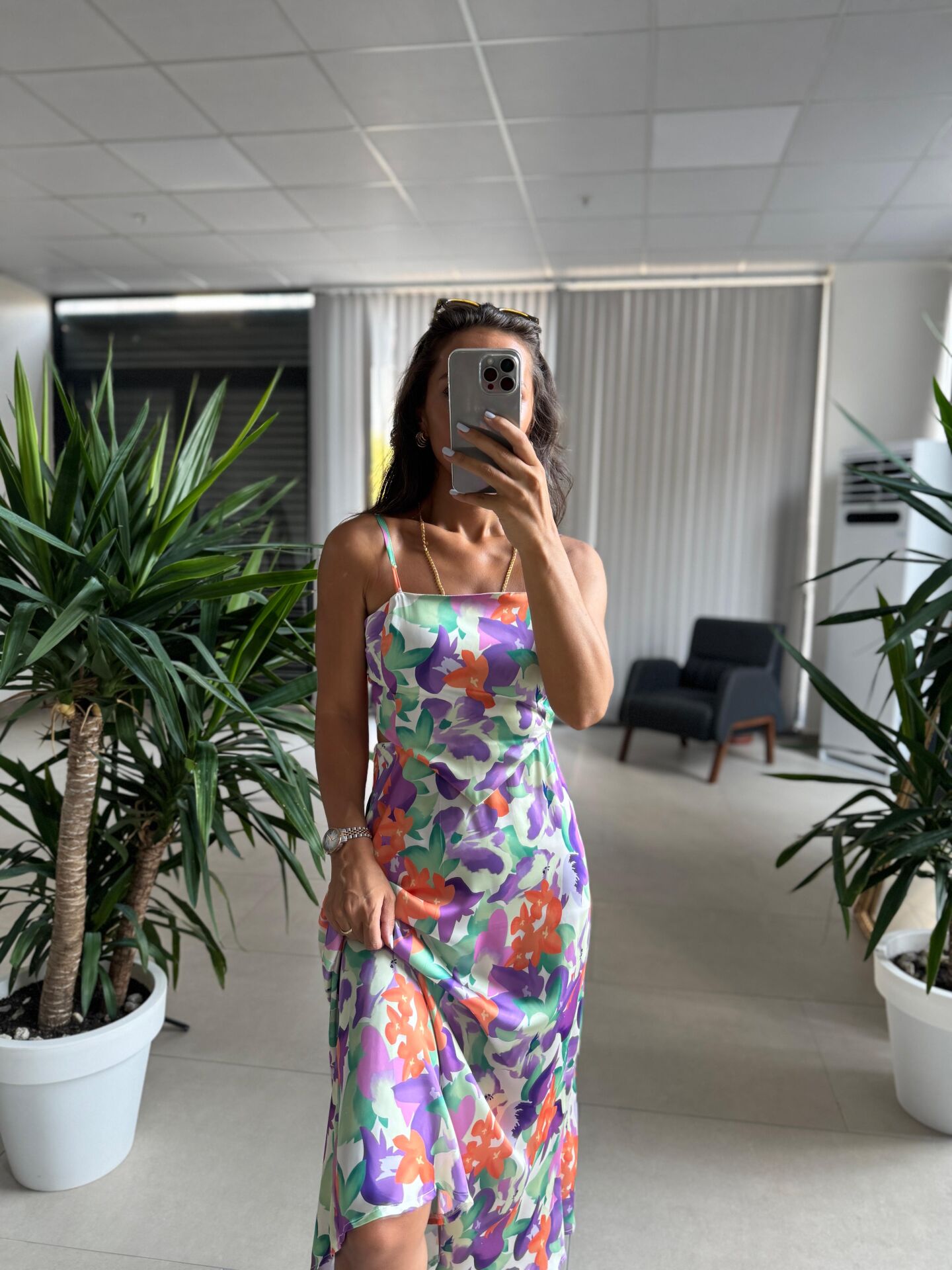 My 3787 Mor-Turuncu Çiçekli Pamuk Saten Elbise