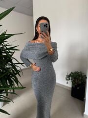 Dv 90259 Gri Madonna Yaka Uzun Triko Elbise