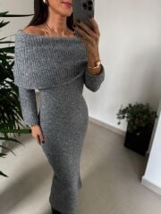 Dv 90259 Gri Madonna Yaka Uzun Triko Elbise