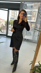 Yandan Bağlamalı Siyah Saten Elbise