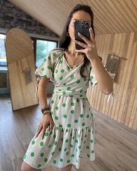 Mein 3155 Grün gepunktetes Leinenkleid