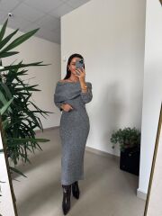 Dv 90259 Gri Madonna Yaka Uzun Triko Elbise