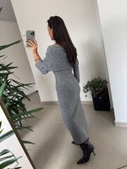 Dv 90259 Gri Madonna Yaka Uzun Triko Elbise