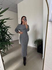 Dv 90259 Gri Madonna Yaka Uzun Triko Elbise