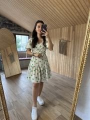 Mein 3155 Grün gepunktetes Leinenkleid