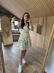 Mein 3155 Grün gepunktetes Leinenkleid