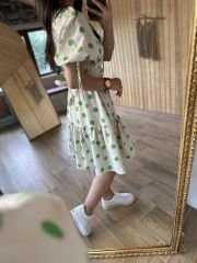 Mein 3155 Grün gepunktetes Leinenkleid