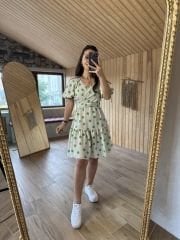 Mein 3155 Grün gepunktetes Leinenkleid