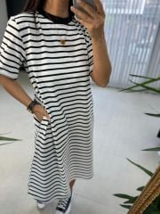 Dr 2599 Kısa Kol Beyaz Çizgili Elbise