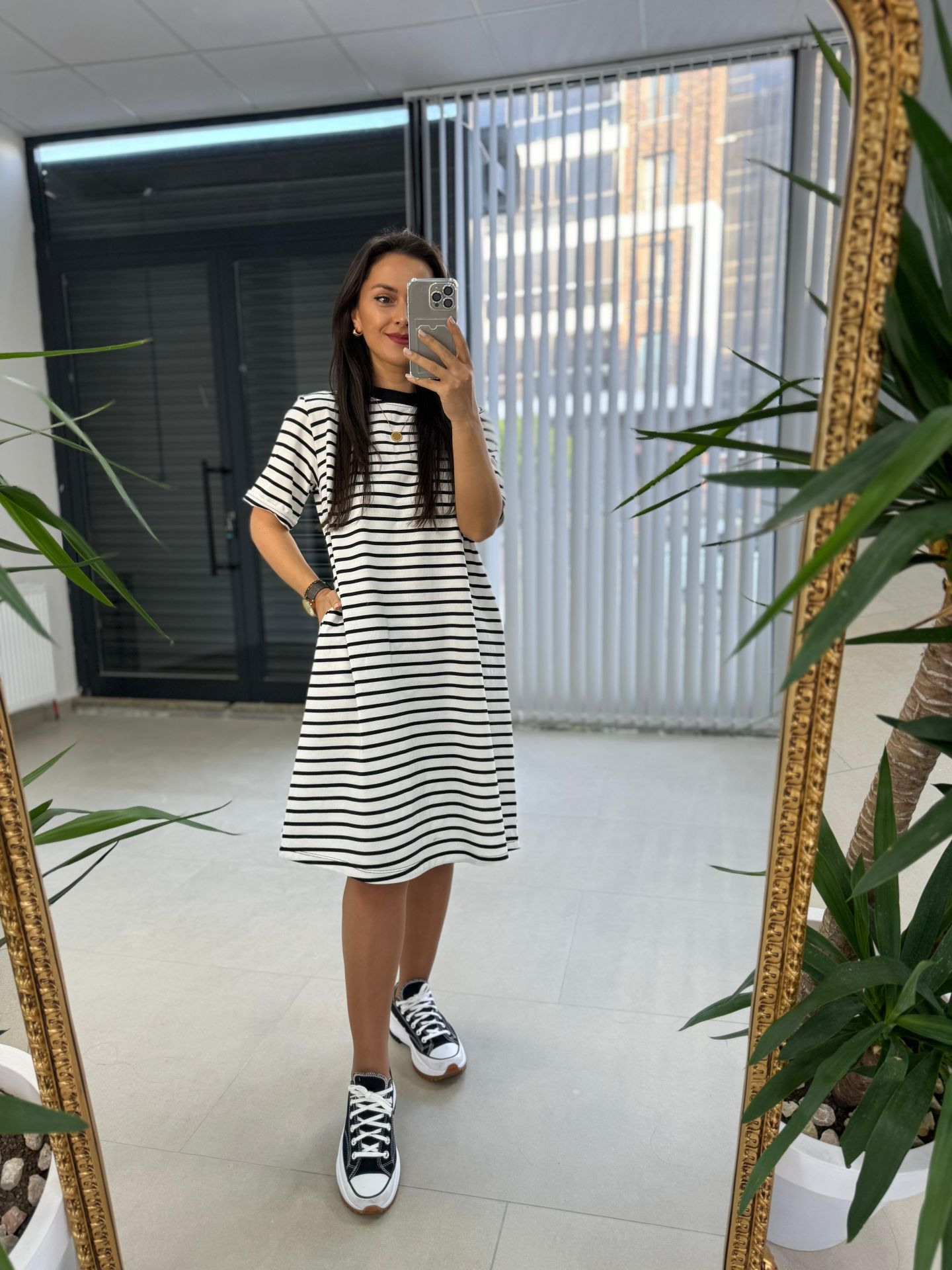 Dr 2599 Kısa Kol Beyaz Çizgili Elbise