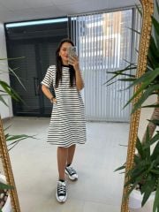 Dr 2599 Kısa Kol Beyaz Çizgili Elbise