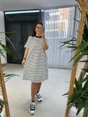 Dr 2599 Kısa Kol Beyaz Çizgili Elbise