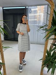 Dr 2599 Kısa Kol Beyaz Çizgili Elbise