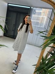 Dr 2599 Kısa Kol Beyaz Çizgili Elbise