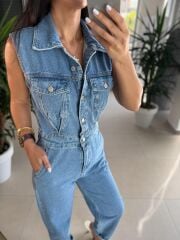 Np 357 Mavi Denim Düğmeli Tulum